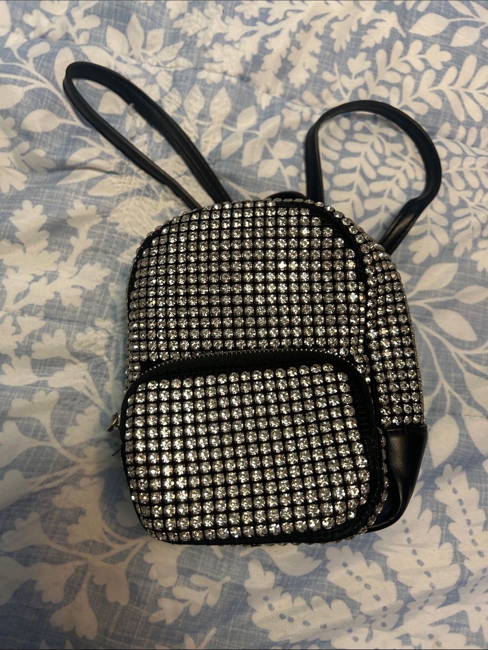 MMS Rhinestone Mesh Mini Backpack With Adjustable Straps and Front Zip Pocket